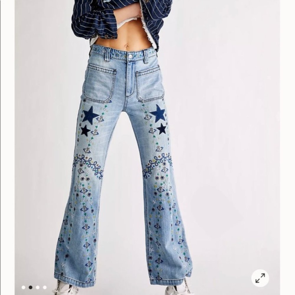 We The Free Delphine Embroidered Flare Jeans size 28